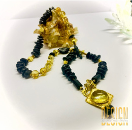 Naszyjnik z czarnych onyksów i cytrynów w srebrze złoconym – designerska zawieszka