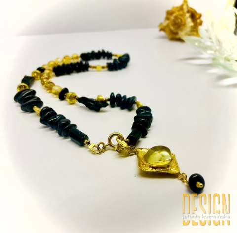 Naszyjnik z czarnych onyksów i cytrynów w srebrze złoconym – designerska zawieszka