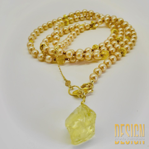 Naszyjnik z porcelanowych pereł z cytrynem w srebrze pozłacanym 24 K | Kuźmińska Design