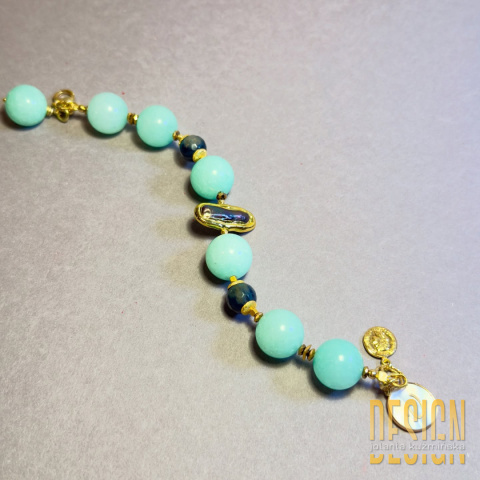 Bransoletka z amazonitów z perłą Biwa w srebrze złoconym