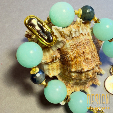 Bransoletka z amazonitów z perłą Biwa w srebrze złoconym