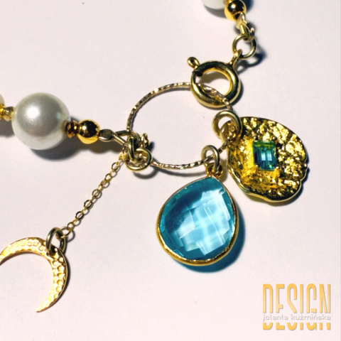 Bransoletka z pereł z topazem i lunulą w srebrze pozłacanym 24 K | Kuźmińska Design