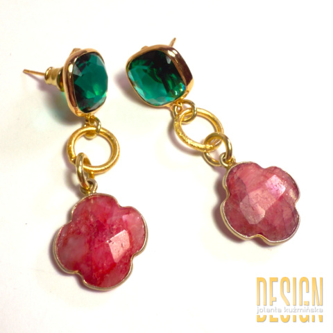 Kolczyki z koniczynką marokańską z eubinami w srebrze złoconym