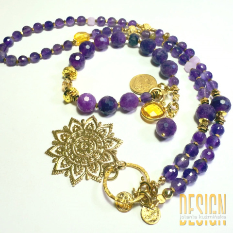 Naszyjnik z ametystów, cytrynu i złotych szafirów – srebro pozłacane 24k