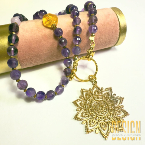 Naszyjnik z ametystów, cytrynu i złotych szafirów – srebro pozłacane 24k