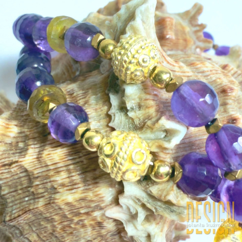 Naszyjnik z ametystów, cytrynu i złotych szafirów – srebro pozłacane 24k