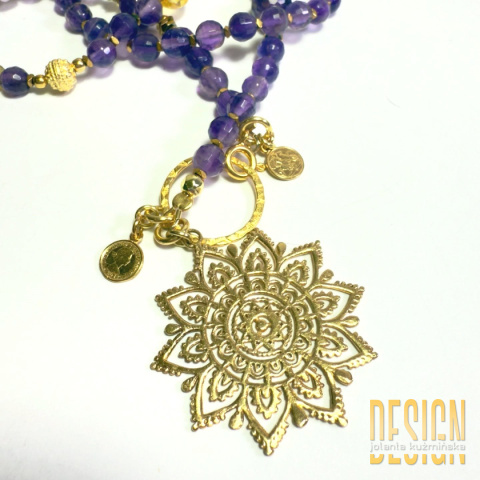 Naszyjnik z ametystów, cytrynu i złotych szafirów – srebro pozłacane 24k