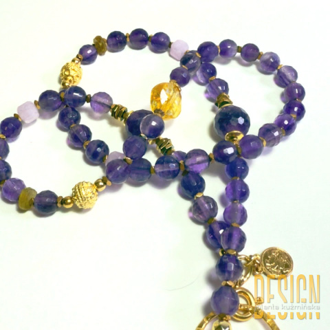 Naszyjnik z ametystów, cytrynu i złotych szafirów – srebro pozłacane 24k