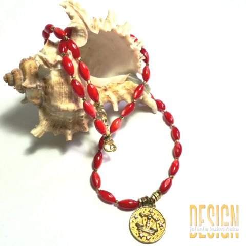 Naszyjnik z czerwonej muszli w srebrze złoconym