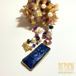 Naszyjnik z naturalnych szafirów, pereł i lapis lazuli w srebrze złoconym