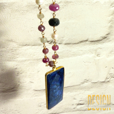 Naszyjnik z naturalnych szafirów, pereł i lapis lazuli w srebrze złoconym