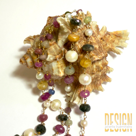 Naszyjnik z naturalnych szafirów, pereł i lapis lazuli w srebrze złoconym