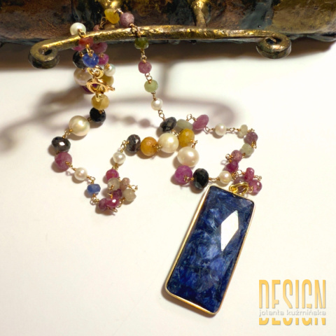 Naszyjnik z naturalnych szafirów, pereł i lapis lazuli w srebrze złoconym