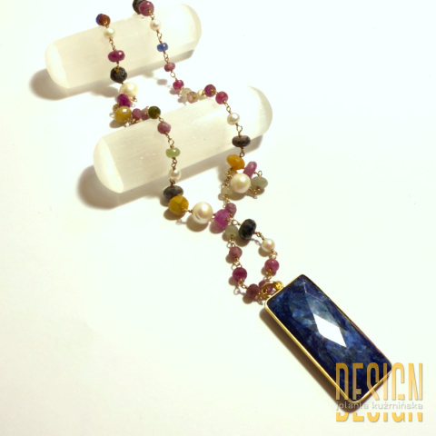 Naszyjnik z naturalnych szafirów, pereł i lapis lazuli w srebrze złoconym