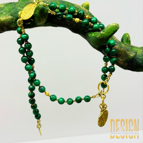Naszyjnik z malachitów z antyczną monetą – srebro złocone 24k