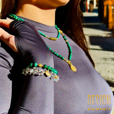 Naszyjnik z malachitów z antyczną monetą – srebro złocone 24k
