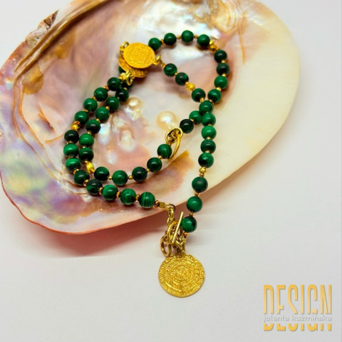 Naszyjnik z malachitów z antyczną monetą – srebro złocone 24k