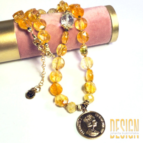 Naszyjnik z naturalnych cytrynów z monetą w srebrze złoconym 24k