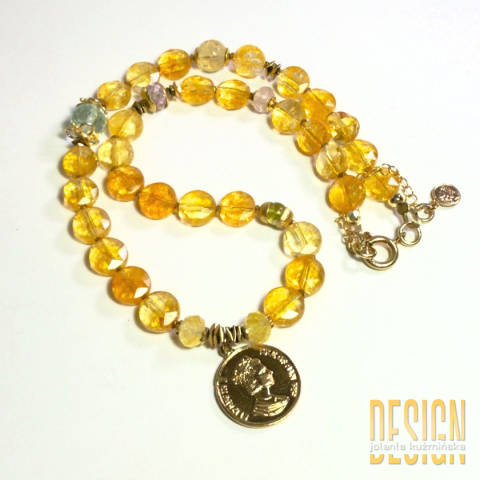 Naszyjnik z naturalnych cytrynów z monetą w srebrze złoconym 24k