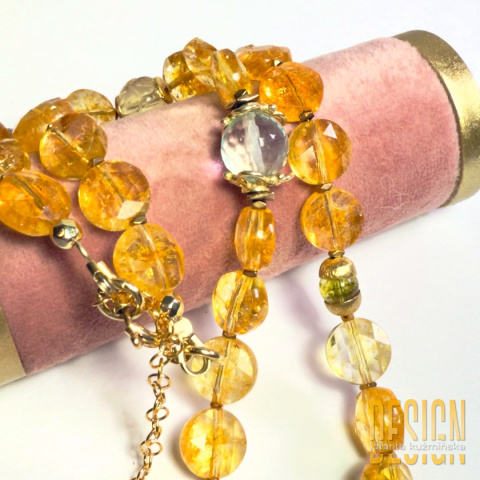 Naszyjnik z naturalnych cytrynów z monetą w srebrze złoconym 24k