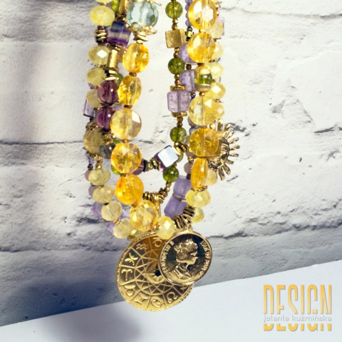 Naszyjnik z naturalnych cytrynów z monetą w srebrze złoconym 24k