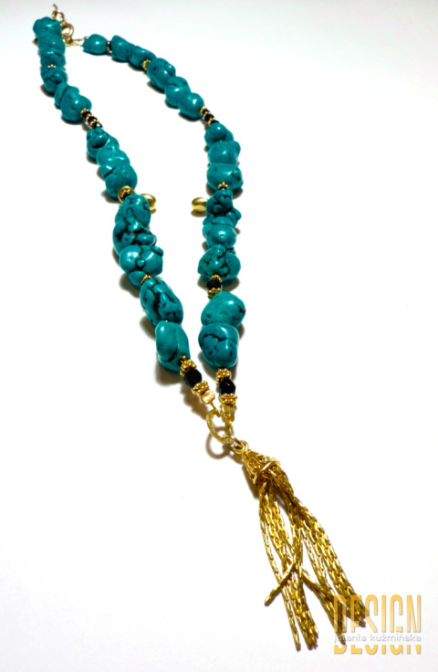 Naszyjnik z naturalnych turkusów, spineli z chwostem w złotym srebrze