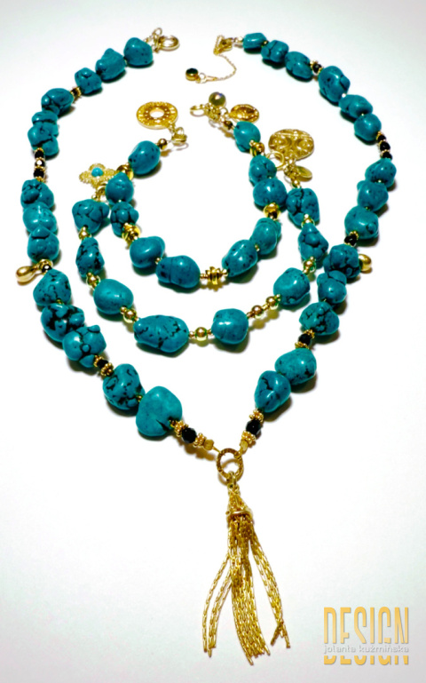 Naszyjnik z naturalnych turkusów, spineli z chwostem w złotym srebrze