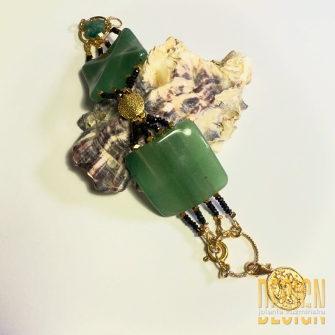 Bransoletka z awenturynu i spineli ze złoconą zawieszką zodiakalną – Panna | Srebro złocone 24k | Długość 21 cm