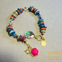 Bransoletka z kolorowej muszli tęczowej, Herkimerem, szafirem i lapis lazuli | Srebro złocone 24k