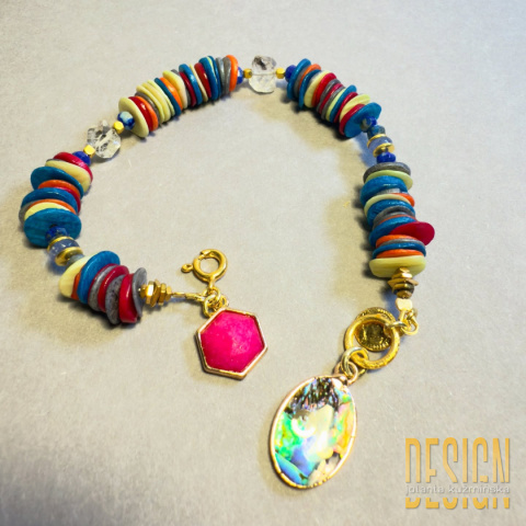 Bransoletka z kolorowej muszli tęczowej, Herkimerem, szafirem i lapis lazuli | Srebro złocone 24k