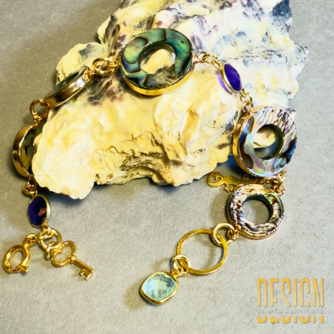 Bransoletka z muszli abalone i ametystu - srebro złocone 24k, długość 20 cm
