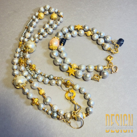 Bransoletka z błękitnych pereł z akcentem łososiowej perły – srebro pozłacane 24K | Kuźmińska Design