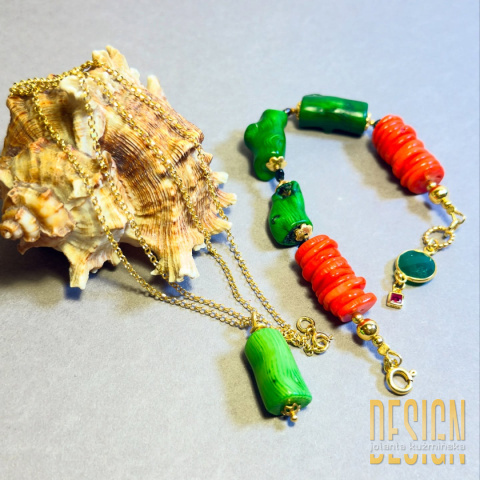 Bransoletka z zielonego i pomarańczowego korala | Srebro złocone 24k – Kuźmińska Design