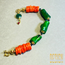 Bransoletka z zielonego i pomarańczowego korala | Srebro złocone 24k – Kuźmińska Design