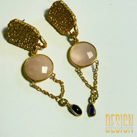 Kolczyki z kwarcem różowym, ametystem i granatem – złocone srebro, długość 6 cm