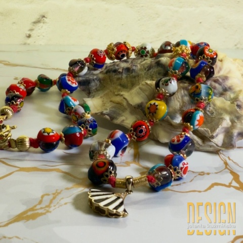 Naszyjnik ze szkła Murano z emaliowaną zawieszką w srebrze pozłacanym 24 K | Kuźmińska Design