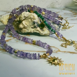 Naszyjnik z ametystów ze złoconą zawieszką słońca | Kuźmińska Design