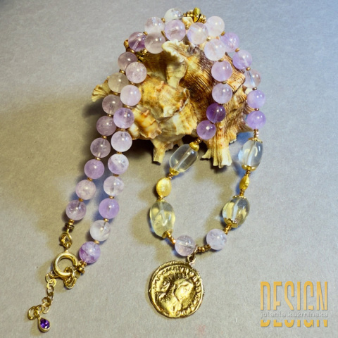 Naszyjnik z ametystu Vera Cruz i cytrynów z antyczną zawieszką | Srebro pozłacane 24k | Kuźmińska Design