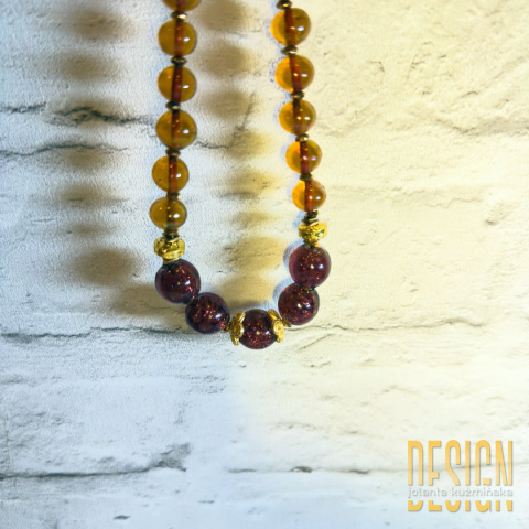 Naszyjnik z bursztynu i szkła Murano – srebro pozłacane 24k | Kuźmińska Design