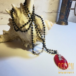 Naszyjnik z czarnego agatu i czerwonego agatu z ważką ze srebra – długość 80 cm