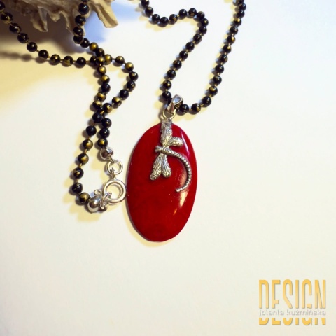 Naszyjnik z czarnego agatu i czerwonego agatu z ważką ze srebra – długość 80 cm