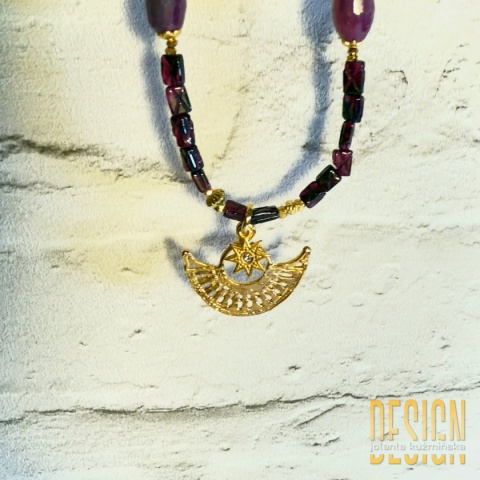 Naszyjnik z granatem, rubinem i kryształem górskim – srebro pozłacane 24k | Kuźmińska Design