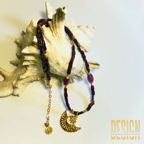 Naszyjnik z granatem, rubinem i kryształem górskim – srebro pozłacane 24k | Kuźmińska Design