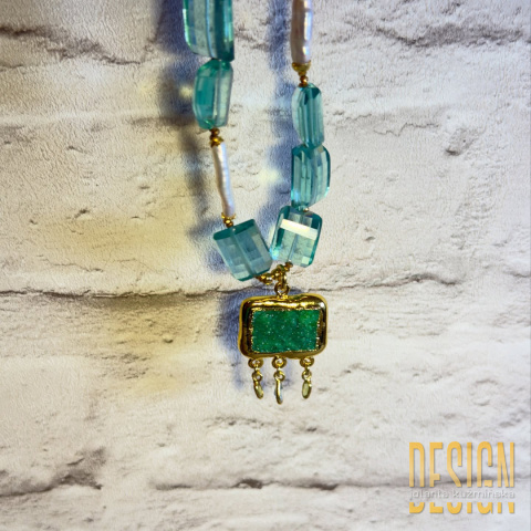 Naszyjnik z kwarcu i pereł Biwa z agatem druzy | Kuźmińska Design