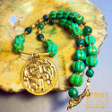 Naszyjnik z malachitów z grecką zawieszką – srebro złocone 24k