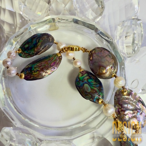 Naszyjnik z muszli abalone i pereł naturalnych – srebro pozłacane 24K | Kuźmińska Design