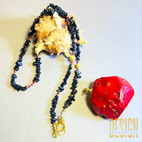 Naszyjnik z nocy Kairu z koralem i rubinami | Srebro pozłacane 24k | Kuźmińska Design