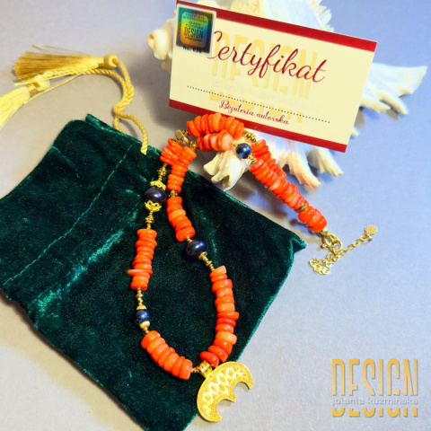 Naszyjnik z pomarańczowego koralu i czarnej perły z wachlarzem – srebro pozłacane 24k | Kuźmińska Design