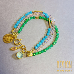 Potrójna bransoletka z różowego kwarcu, topazu i oliwinu – srebro złocone 24k