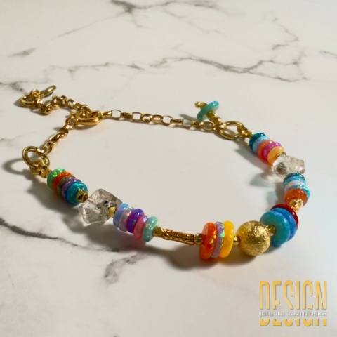 Bransoletka z opali syntetycznych i diamentów Herkimerów – unikat 1/1, srebro złocone 24k